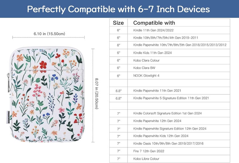 Dadanism 6-7 Inch Universal Padded Sleeve for 7" Colorsoft Signature Edition eReader 2024 and 6" eReader Book, Protective Sleeve Pouch Bag Carrying Case for Kobo E-Reader, Flowers - Image 2